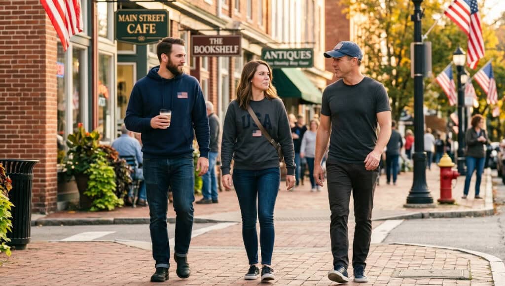 Group of friends wearing patriotic-themed clothing walking in a small town.