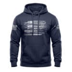 American flag hoodie with distressed design, patriotic style, military green color, perfect for casual.