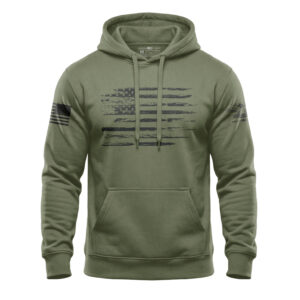 American flag hoodie with distressed flag design, perfect for patriotic wear and casual style.
