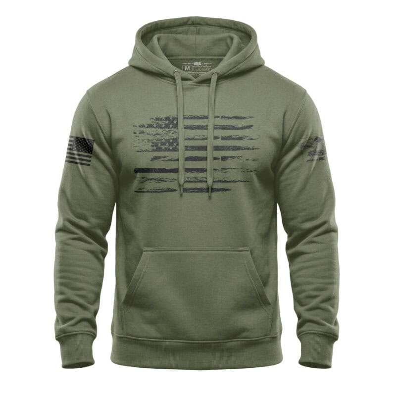 P138H-GMH_Gravel_Front_High_Bullet_Ammo_US_Flag_0003_MGR American flag hoodie with distressed flag design, perfect for patriotic wear and casual style.