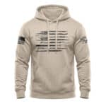 American flag hoodie with distressed design, perfect for patriotic apparel and casual wear.