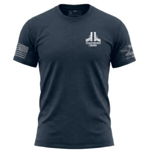 Minimalist 2nd Amendment shirt with "Defend 2A" design on chest and American flag on sleeve.