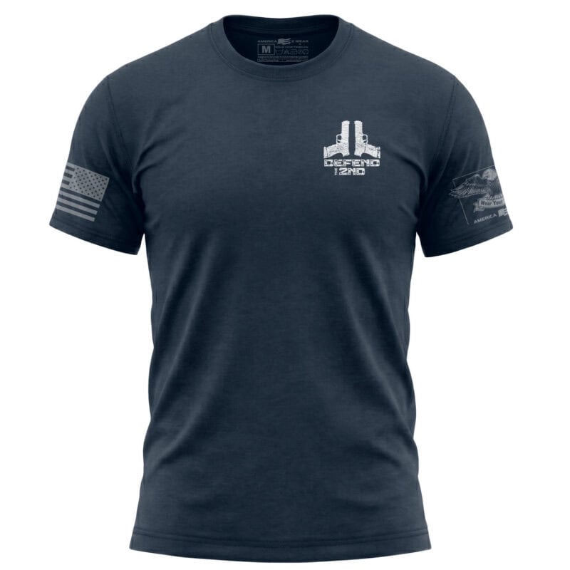 Minimalist 2nd Amendment shirt with "Defend 2A" design on chest and American flag on sleeve.