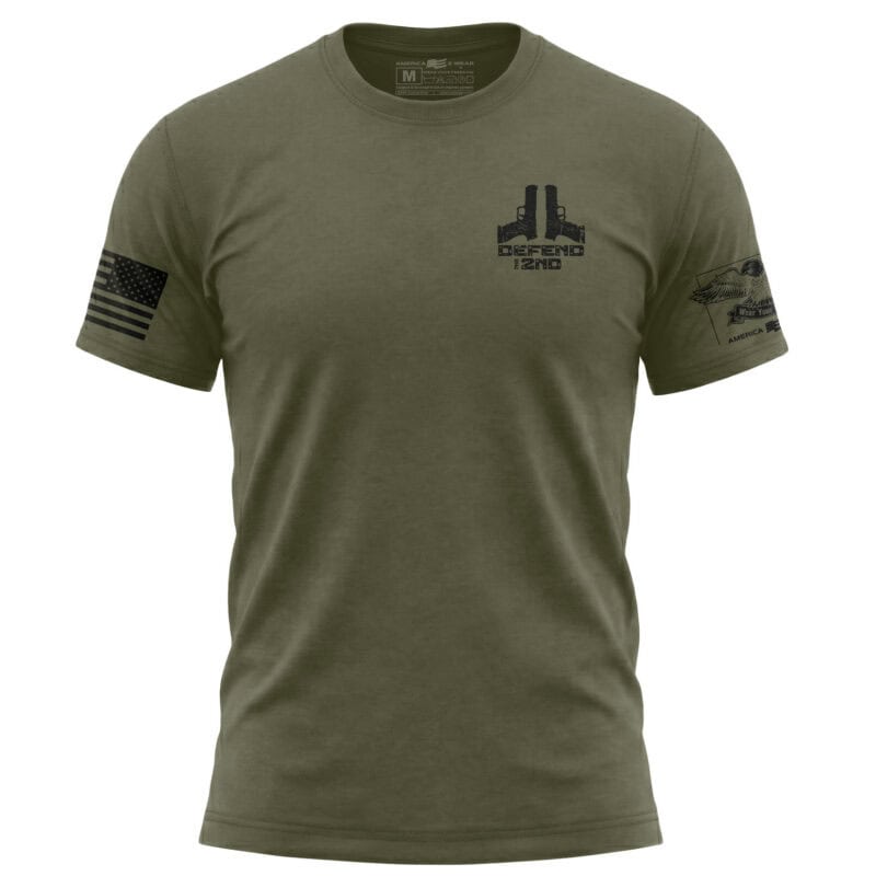 Minimalist 2nd Amendment shirt with patriotic design and "Defend 2A" text.