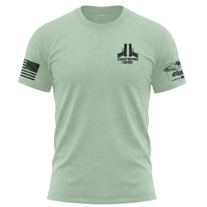 Minimalist 2nd Amendment shirt with "Defend The 2nd" text on chest, American flag patch on sleeve, a.