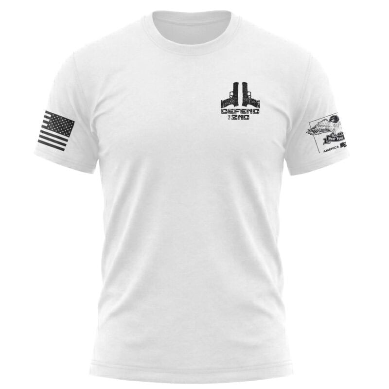Minimalist 2nd Amendment shirt with patriotic design and firearm graphics.