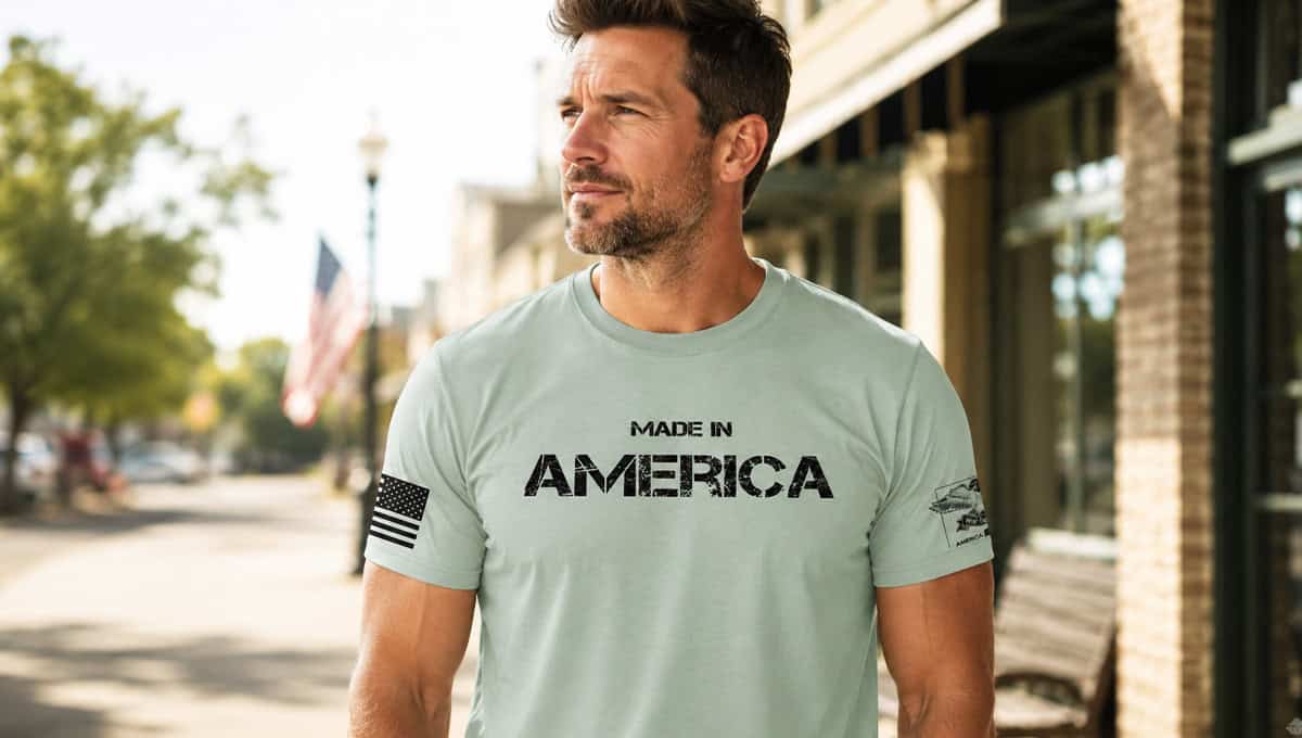 Man wearing a light green "Made in America" T-shirt outdoors.