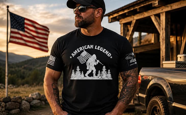 Man wearing "American Legend" graphic T-shirt outdoors with American flag in background.