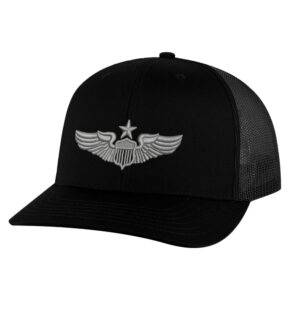 Black baseball cap with winged emblem and star, stylish and patriotic accessory.