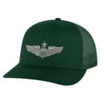 Green USA patriot trucker hat with winged emblem and star, adjustable mesh back.