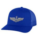 Blue trucker hat with patriotic eagle emblem and star.