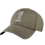 Olive green baseball cap with America 1 logo and stars, stylish and casual.