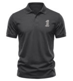 Black polo shirt with American flag and USA pride embroidery.