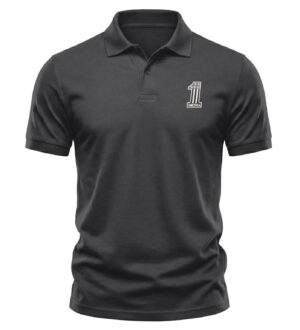 Black polo shirt with American flag and USA pride embroidery.