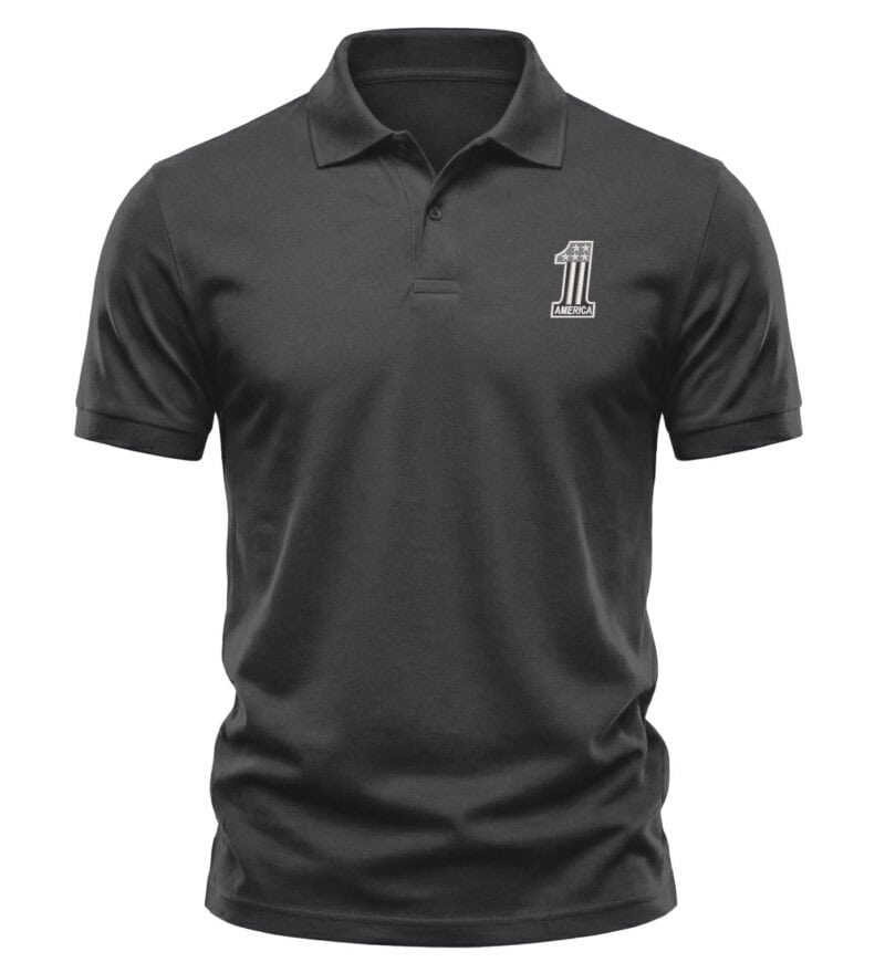 Black polo shirt with American flag and USA pride embroidery.