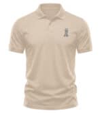 Beige polo shirt with American flag and '1 America' embroidery.