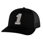 Trucker hat featuring "1 America" logo with stars, perfect for patriotic apparel.