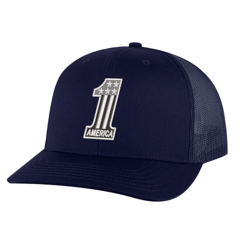 Baseball cap with "1 America" logo and stars.