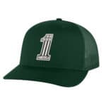Green trucker cap with "1 America" logo and stars, casual American style hat.