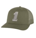 Trucker hat with "1 America" patch, adjustable mesh back, casual patriotic style.