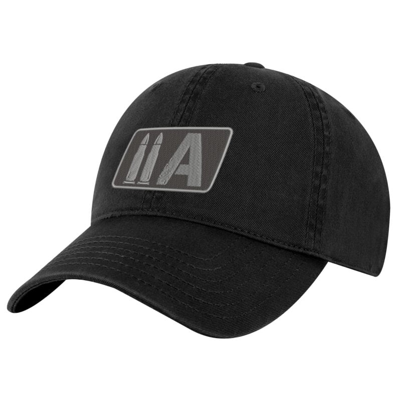 2nd Amendment baseball hat with gold embroidered two bullet 2A patch design on navy dad cap