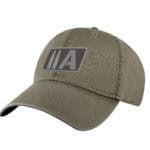 Stylish olive green military cap with patch logo for outdoor and casual wear.