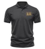 Black polo shirt with gold 2A patriotic logo on chest.
