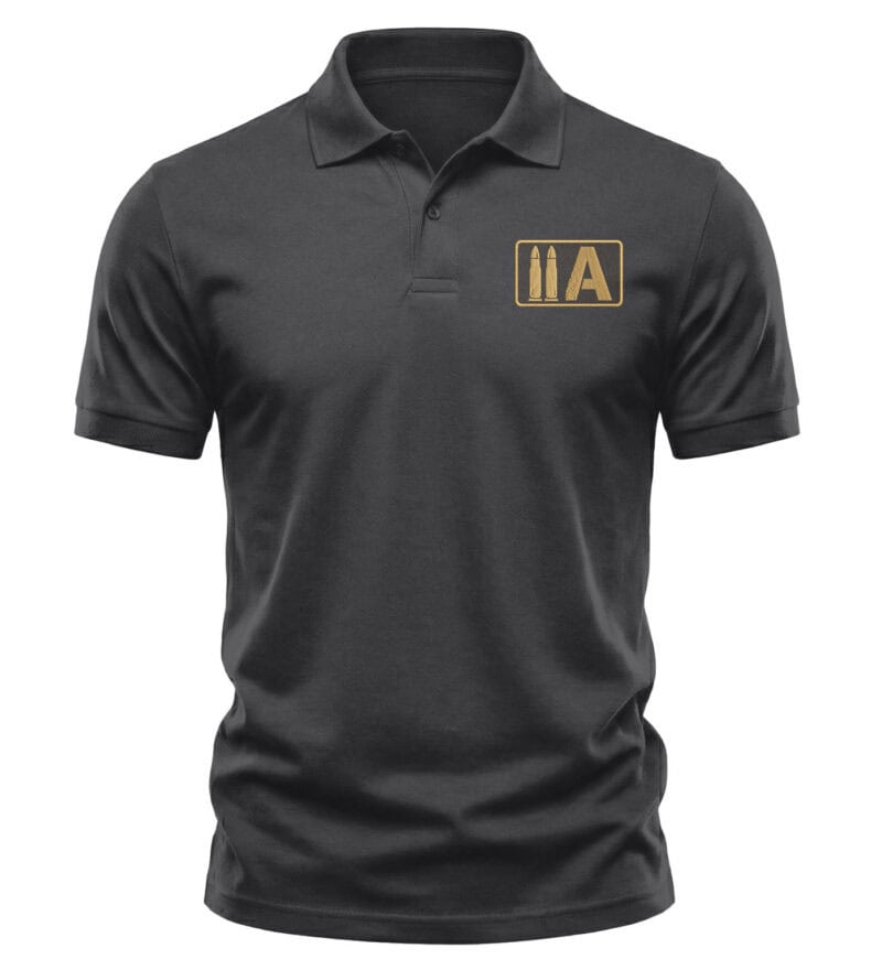 Black polo shirt with gold 2A patriotic logo on chest.
