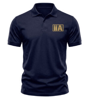 2nd Amendment polo shirt with small gold embroidered two bullet 2A patch design on black left chest
