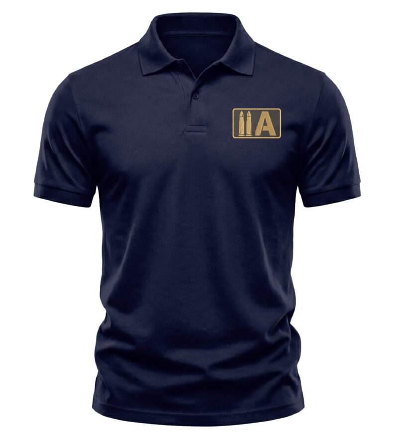 2nd Amendment polo shirt with small gold embroidered two bullet 2A patch design on black left chest