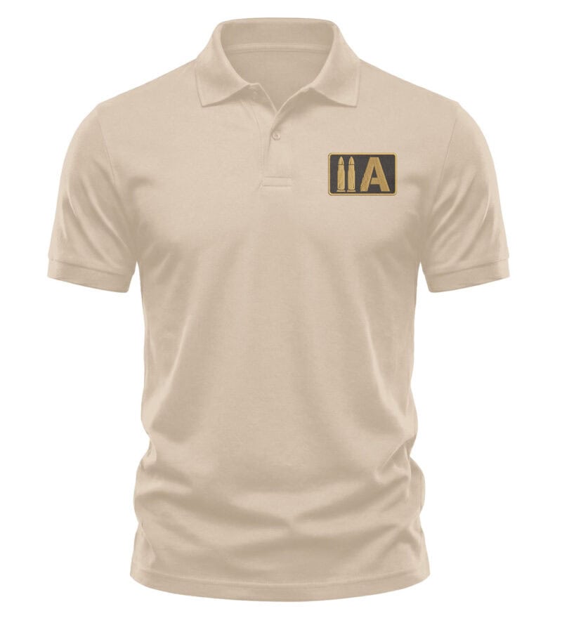 Beige polo shirt with 2A logo for patriotic American apparel.