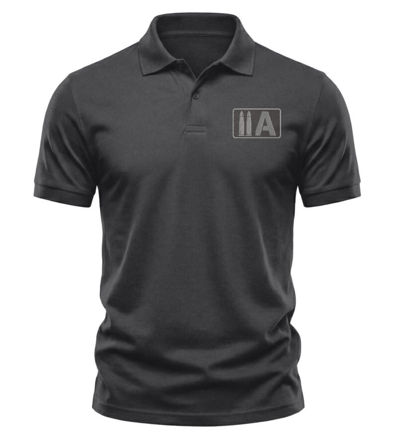 Black polo shirt with 2A patriotic logo and bullets embroidery for American patriots.