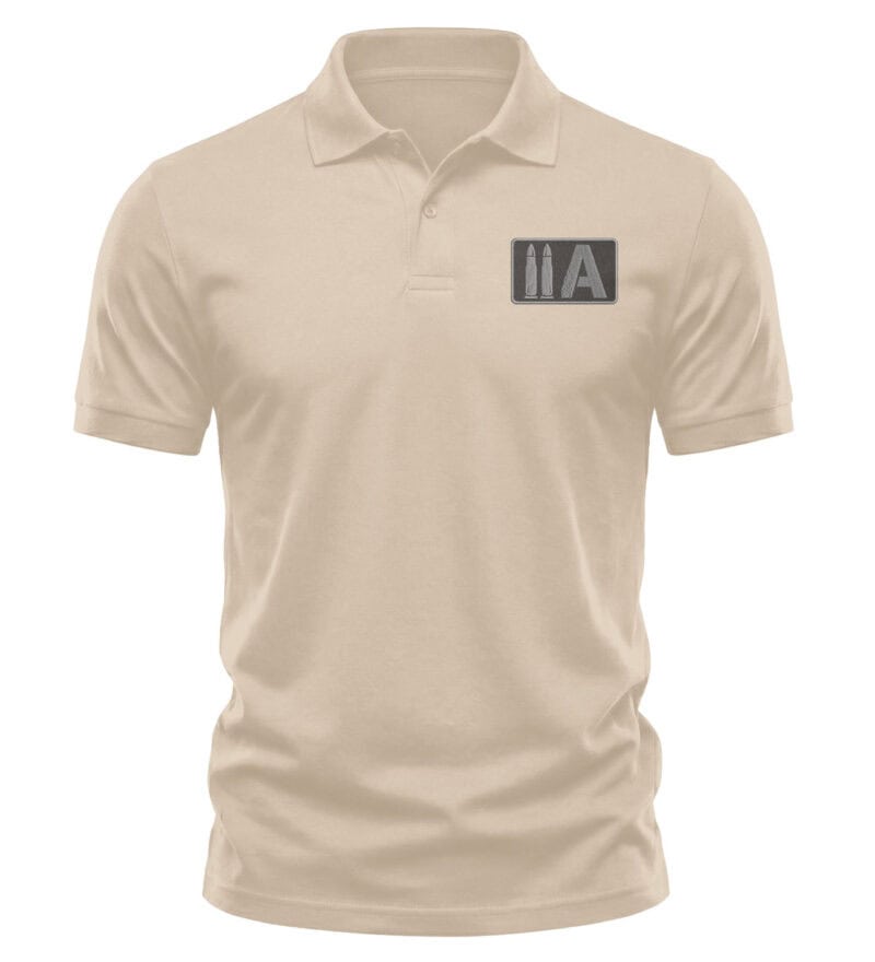 Beige polo shirt with 2A logo for patriotic apparel from America 2 Wear.