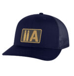 Navy blue trucker cap with America 2 Wear logo patch, breathable mesh back.