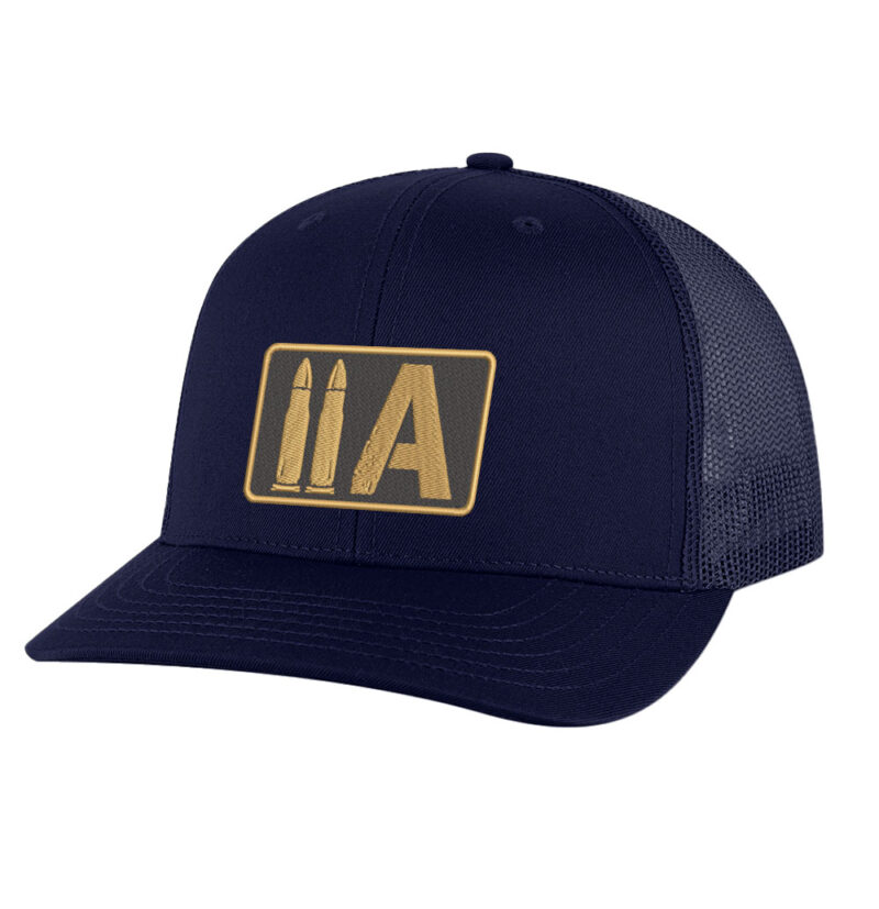 Navy blue trucker cap with America 2 Wear logo patch, breathable mesh back.