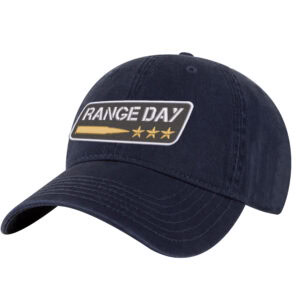 Range day baseball hat with embroidered bullet and three stars design on black cotton dad cap