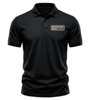Range day polo shirt with small embroidered bullet and three stars design on black left chest