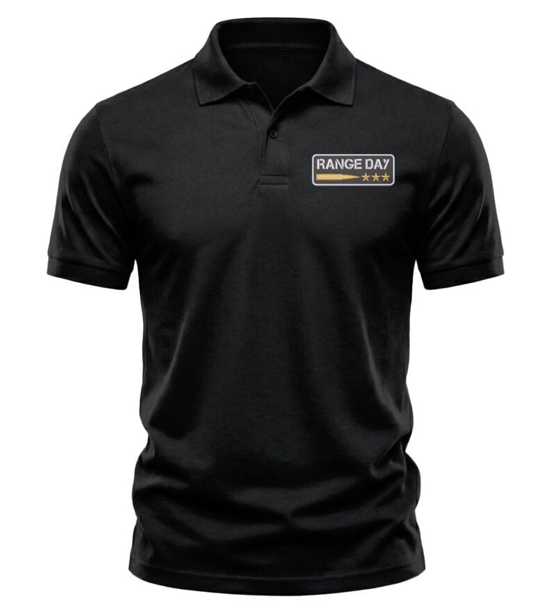 Range day polo shirt with small embroidered bullet and three stars design on black left chest