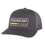 Range day trucker hat with embroidered bullet and three stars design on black charcoal mesh snapback