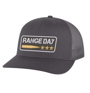 Range day trucker hat with embroidered bullet and three stars design on black charcoal mesh snapback