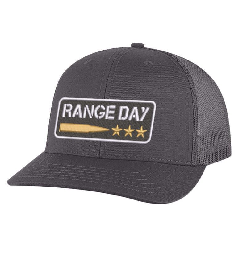 Range day trucker hat with embroidered bullet and three stars design on black charcoal mesh snapback