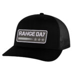 Black trucker cap featuring a reflective "Range Day" patch and breathable mesh back for outdoor shoo.