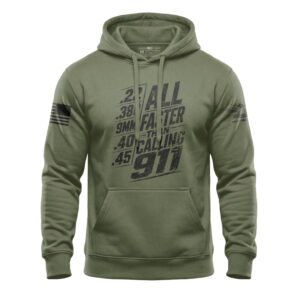 Faster Than Calling 911 hoodie with printed patriotic design