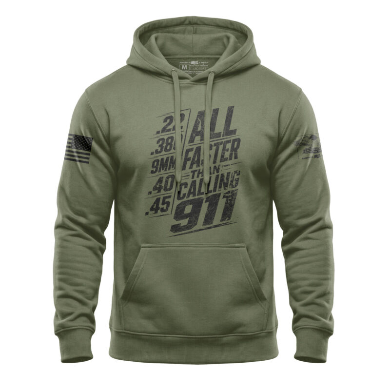 Faster Than Calling 911 hoodie with printed patriotic design
