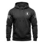 Hooded sweatshirt with American flag and patriotic emblem, perfect for American pride.