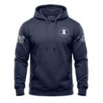 Navy blue hoodie with patriotic American flag and eagle patches, perfect for casual wear.