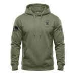 Hooded sweatshirt featuring American flag patch on sleeve and star emblem on chest, perfect for patr.