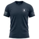 Navy blue T-shirt with American flag patch and eagle graphic, patriotic apparel for men.