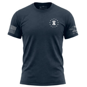 Navy blue T-shirt with American flag patch and eagle graphic, patriotic apparel for men.