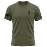 Olive green military-style T-shirt with American flag patch and badge design.